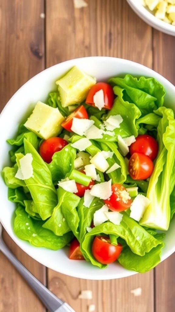 A fresh lettuce salad with lemon dressing and parmesan cheese, garnished with cherry tomatoes on a wooden table.